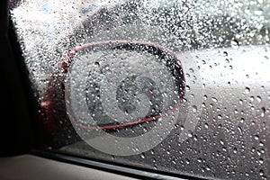 Water drop nature fresh wet background with water raindrops transparency on glass window car mirror side, Alone feeling