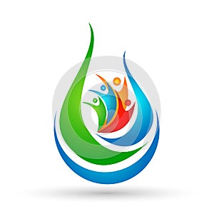 Water drop people logo concept of water drop people union team work wellness symbol icon nature drops elements vector design
