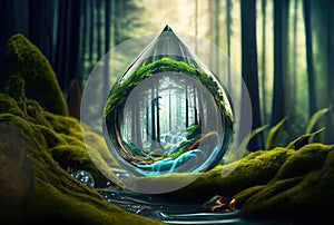 Water drop reflected with the green forest and the lake or waterfall background. World water day and Earth day concept. Generative