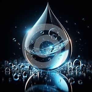 Water drop with refraction light and holographic effect on dark background