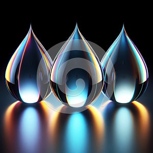 Water drop with refraction light and holographic effect on dark background