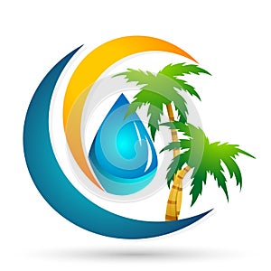 Water drop save logo globe people life palm tree concept of water drop wellness symbol icon nature sun elements vector design