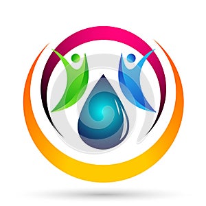 Water drop save water globe people life care logo concept of water drop wellness symbol icon nature drops elements vector design