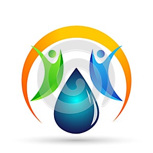 Water drop save water globe people life care logo concept of water drop wellness symbol icon nature drops elements vector design