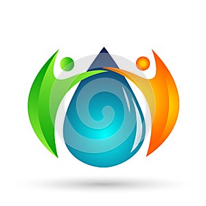 Water drop save water globe people life care logo concept of water drop wellness symbol icon nature drops elements vector design