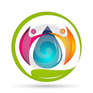 Water drop save water globe people life care logo concept of water drop wellness symbol icon nature drops elements vector design