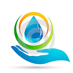 Water drop save water globe people life care logo concept of water drop wellness symbol icon nature drops elements vector design