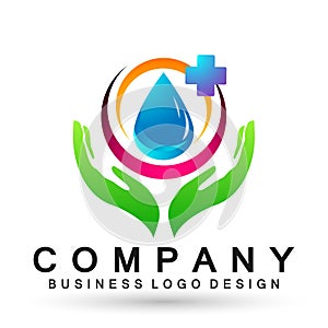 Water drop save water globe people life care logo concept of water drop wellness symbol icon nature drops elements vector design