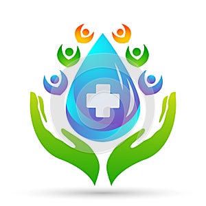 Water drop save water globe people life care logo concept of water drop wellness symbol icon nature drops elements vector design