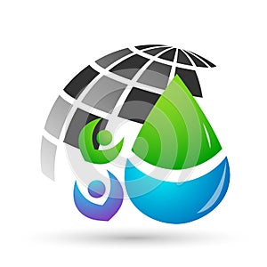 Water drop save water globe people life care logo concept of water drop wellness symbol icon nature drops elements vector design