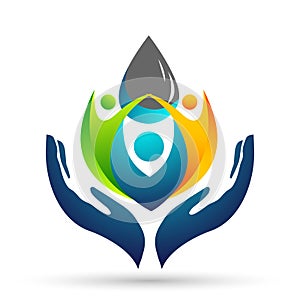 Water drop save water globe people life care logo concept of water drop wellness symbol icon nature drops elements vector design