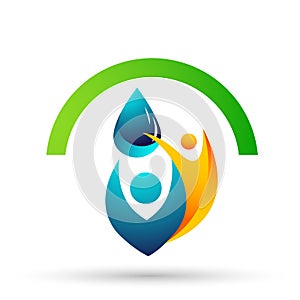 Water drop save water globe people life care logo concept of water drop wellness symbol icon nature drops elements vector design