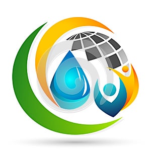 Water drop save water globe people life care logo concept of water drop wellness symbol icon nature drops elements vector design