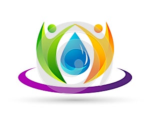 Water drop save water globe people life care logo concept of water drop wellness symbol icon nature drops elements vector design