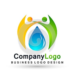 Water drop save water globe people  life care logo concept of water drop wellness symbol icon nature drops elements vector design