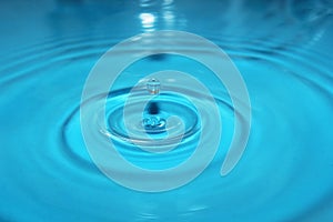 Water drop splash background blue, water ripple and anti-bubble drop - water surface tension