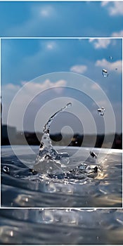 Water drop splash blue colored Water drop and ripples with blue Sky background