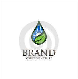 Water drop sun leaf logo . nature ecology logo,plant symbol,sun power,water drop icon . Water Drop Leaf Logo