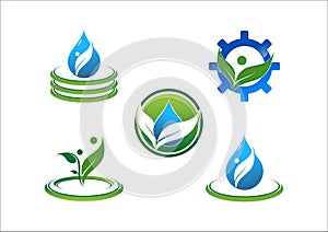 Water drop, water ecology, leaf, circle, connection, people, symbol, gear vector logo
