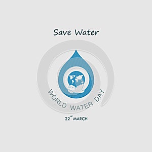 Water drop with world icon and human hand vector logo design template.World Water Day icon.World Water Day idea campaign for