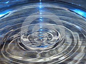 Water droplet in blue lit rippled water