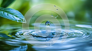 Water droplet falling onto calm pond surface surrounded by greenery
