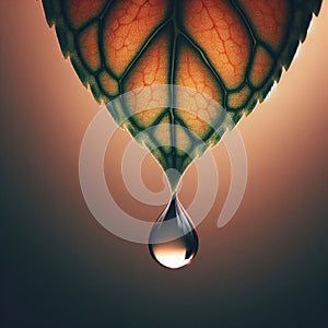 Water droplet hangs on the end of a leaf refracting light