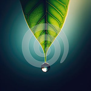 Water droplet hangs on the end of a leaf refracting light