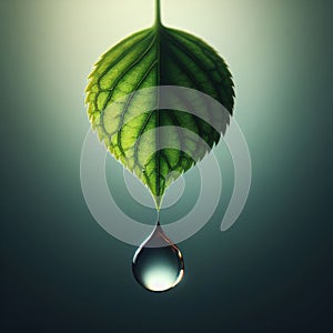 Water droplet hangs on the end of a leaf refracting light