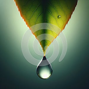 Water droplet hangs on the end of a leaf refracting light