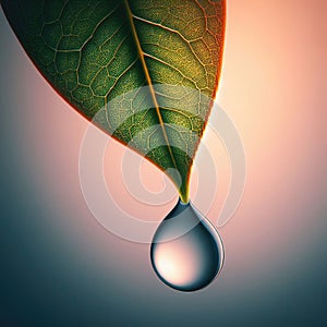 Water droplet hangs on the end of a leaf refracting light