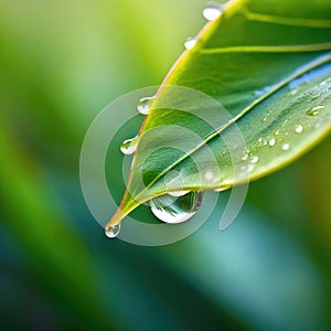 Water droplet hangs on the end of a leaf refracting light