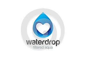 Water droplet Heart inside Logo design vector template. Love mineral natural aqua drop drink Logotype. Waterdrop concept icon