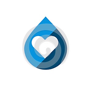 Water droplet with heart logo, love water logo icon design template vector