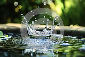 Water droplet splashing making crown shape on water surface photo