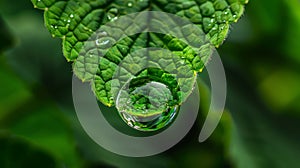 Water droplet suspended on a vibrant green leaf