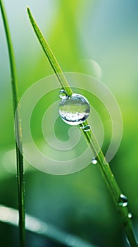 Water droplets on a blade of grass, AI