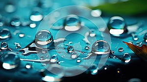 Water Droplets on Blue Leaf in Nature Blurry Background