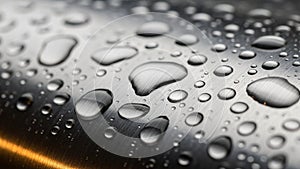Water droplets on a brushed metal surface create a reflective