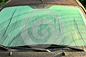 Water droplets on a car windshield.