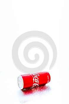 Water droplets on classic Coca-Cola can in Bucharest, Romania, 2021
