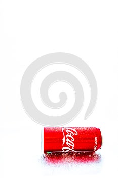Water droplets on classic Coca-Cola can in Bucharest, Romania, 2021