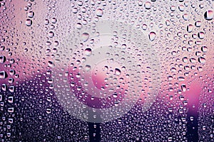 Water droplets condensed on the glass surface in the evening. View through the window in the rainy season