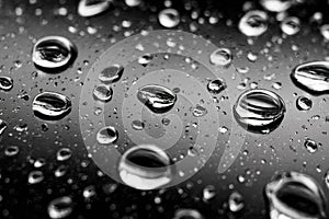 Water droplets create a sparkling effect on a smooth black surface during a rainy day light