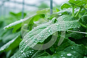 Water Droplets on Cucumber Leaves in Greenhouse