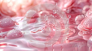 Water droplets falling into a pool of water with a pink rose in the background