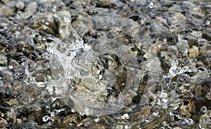 Water droplets falling into the small pool of water covering small stones creating intricate splash patterns