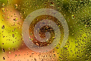 Water droplets on glass. Blurry green plants vaguely visible behind glass.