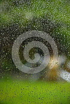 Water droplets on glass window pane from rain