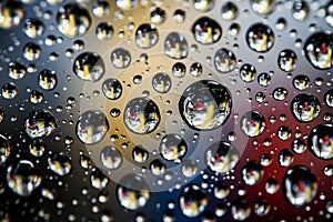 Water Droplets Reflecting Colorful Lights on Glass